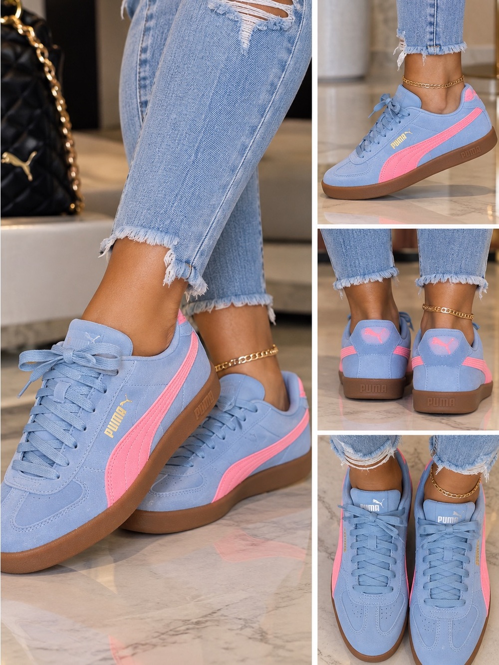 Puma Light Blue Suede Sneakers with Pink Stripe